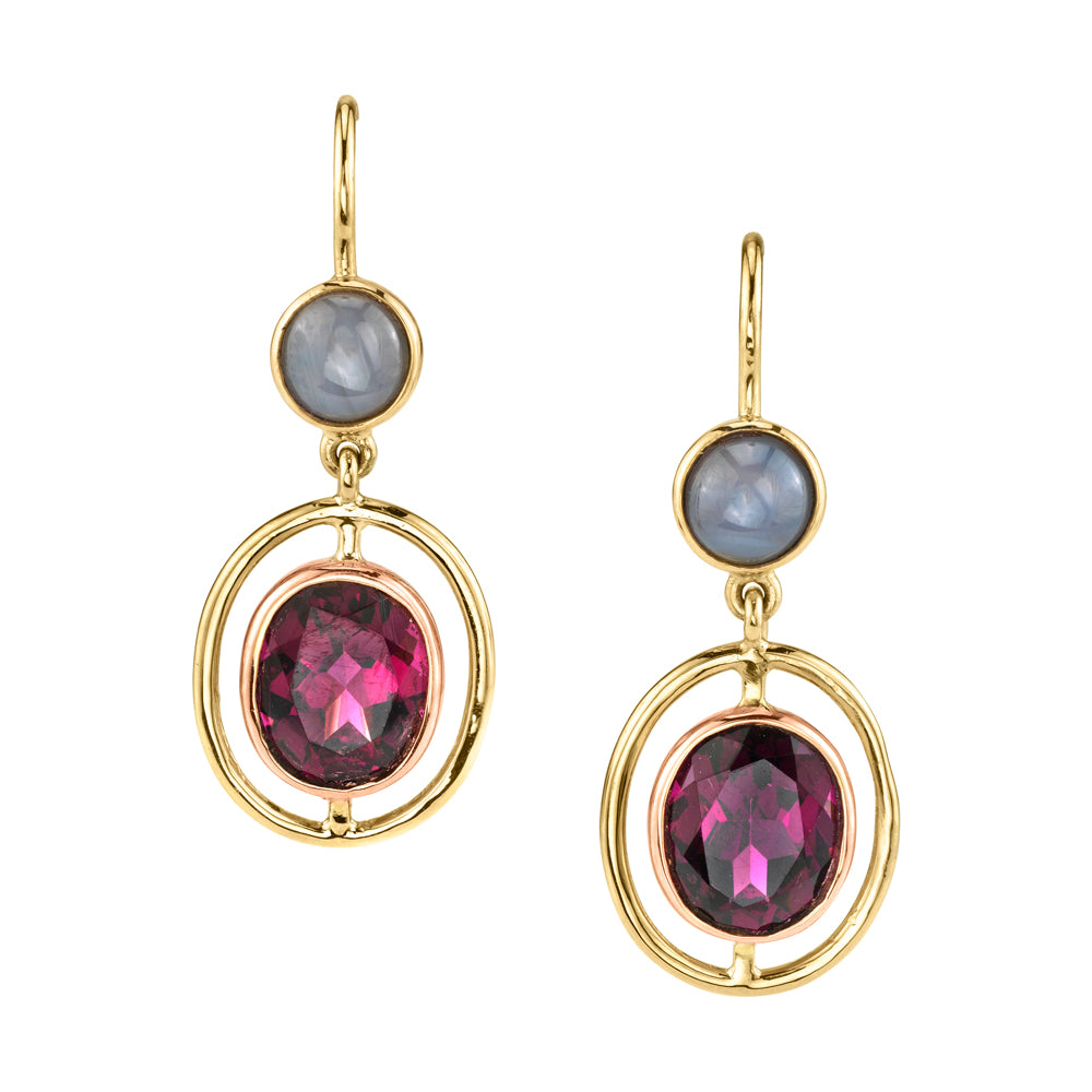 Pink Garnet and Star Sapphire Drop Earrings in Yellow and Rose